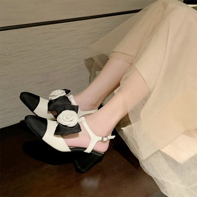 Lolita Style Leather Slingback Mary Jane With Bow 65mm Block Heel in Black/Beige