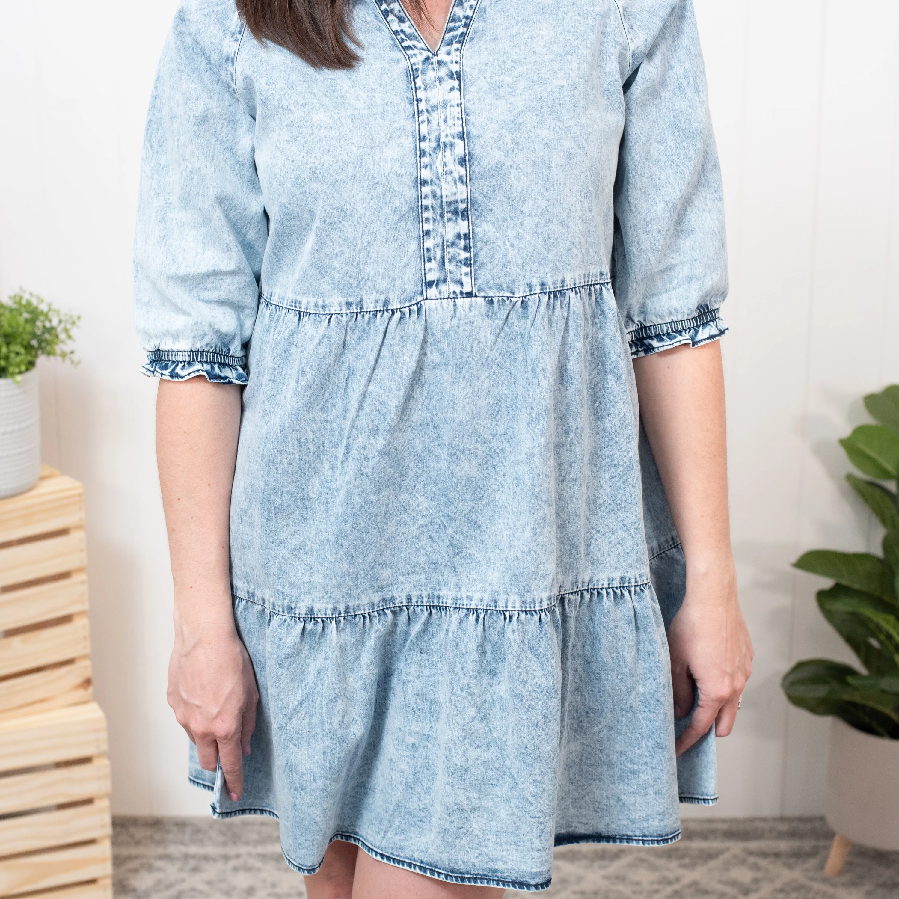 Made For This - Acid Wash Retro Half Sleeve Flared Denim Dress