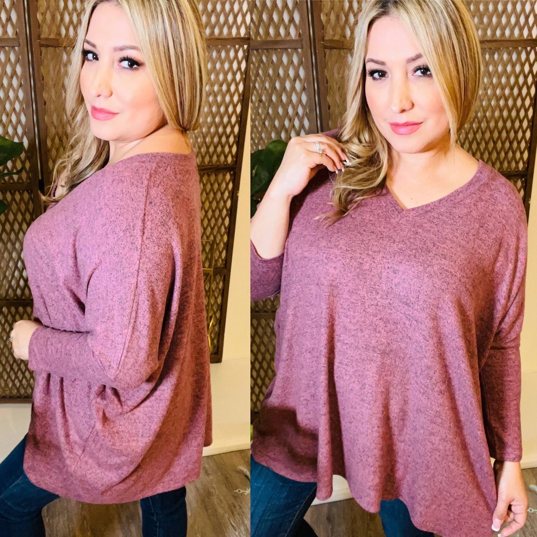 Mauve V Neck 3/4 Sleeve Tops