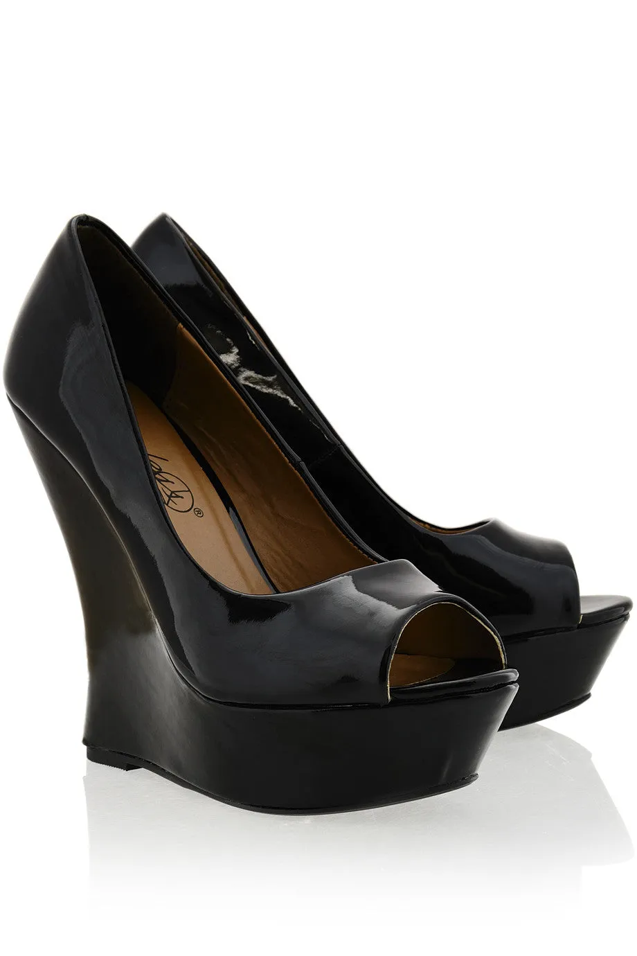 MELLIE Black Patent Peep Toe Wedges