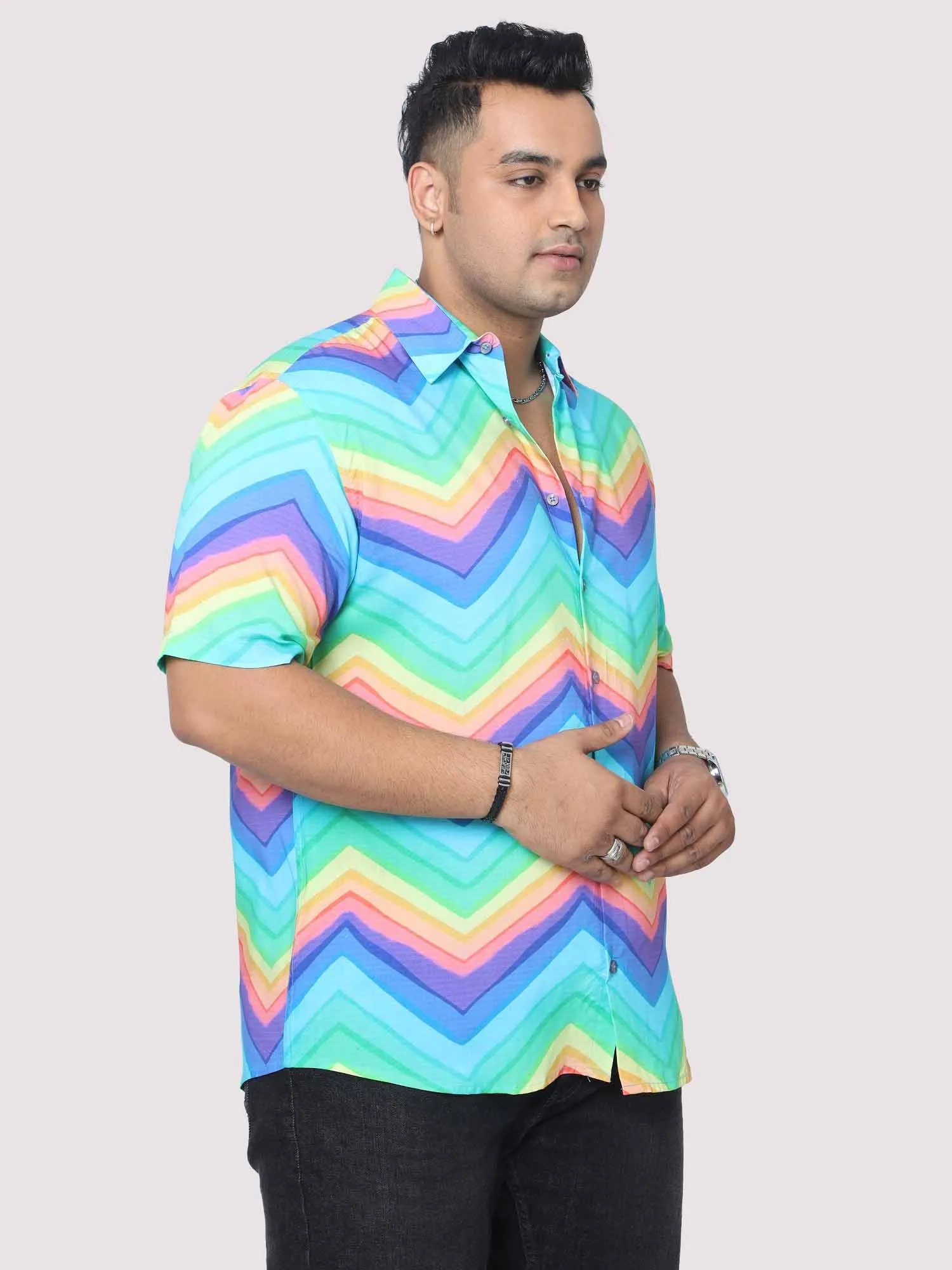 Men Plus Size Rainbow Pattern Digital Printed Half Shirt