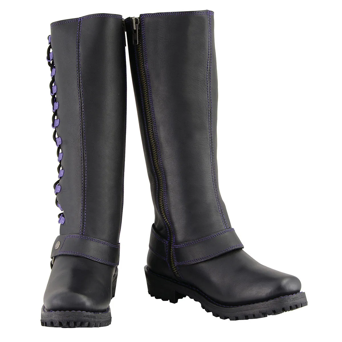 Milwaukee Leather Women's Black 14-inch Leather Harness Motorcycle Boots with Purple Accent Lacing MBL9366