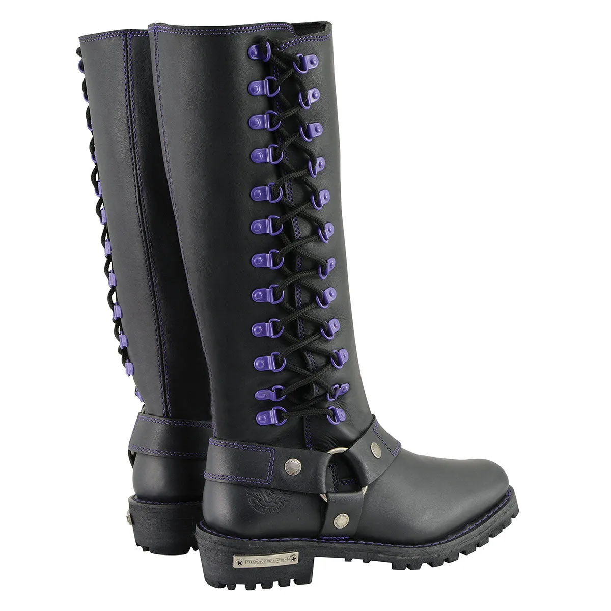 Milwaukee Leather Women's Black 14-inch Leather Harness Motorcycle Boots with Purple Accent Lacing MBL9366