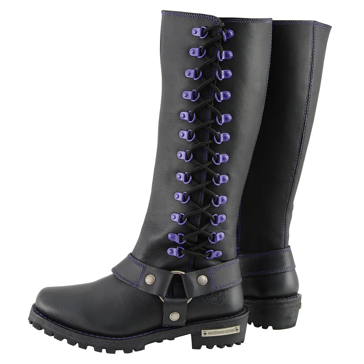 Milwaukee Leather Women's Black 14-inch Leather Harness Motorcycle Boots with Purple Accent Lacing MBL9366