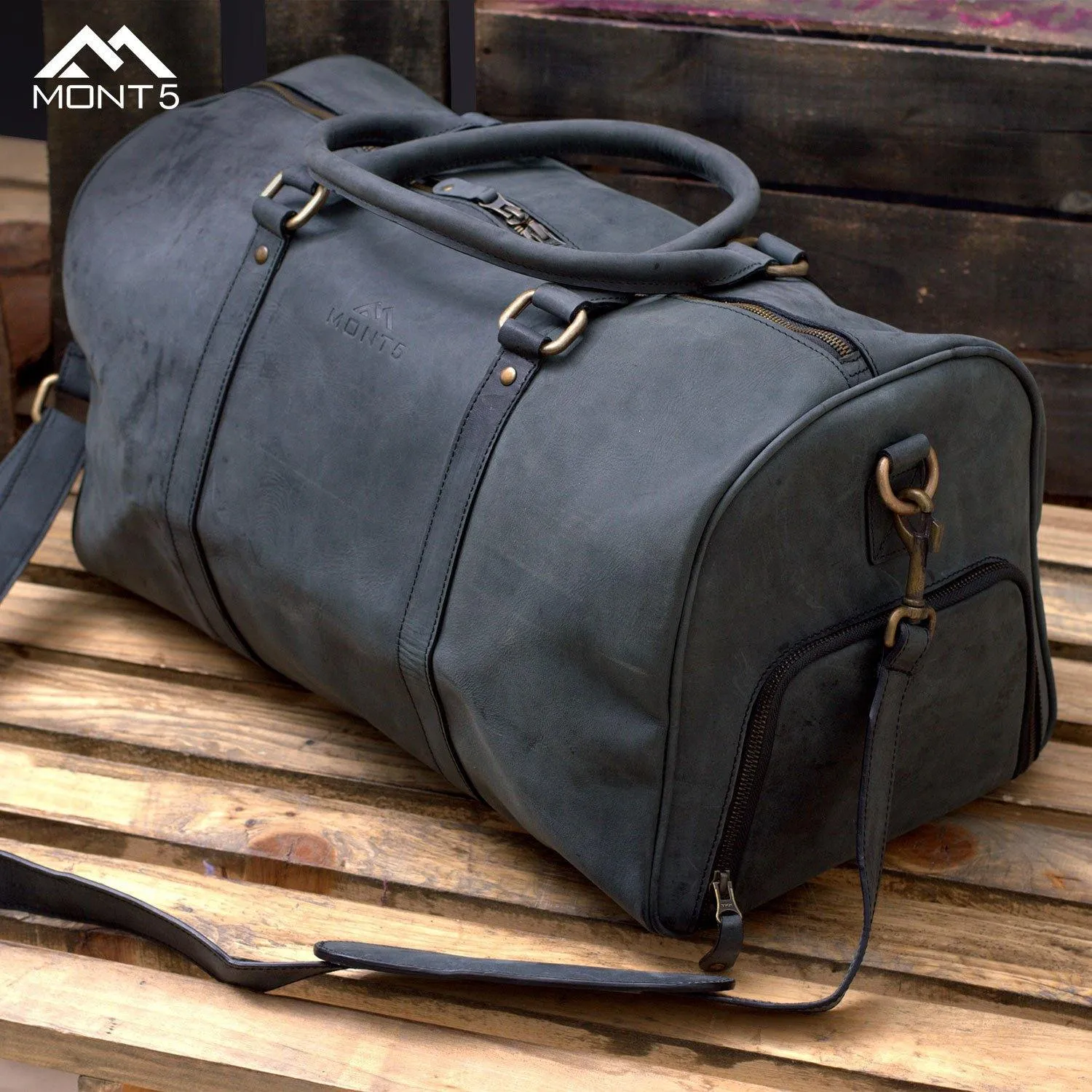 MONT5 Shigar - Charcoal Back Gym Leather Sports Duffle