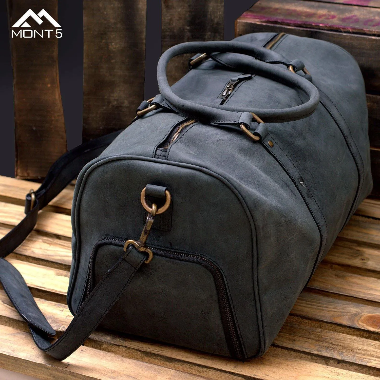 MONT5 Shigar - Charcoal Back Gym Leather Sports Duffle