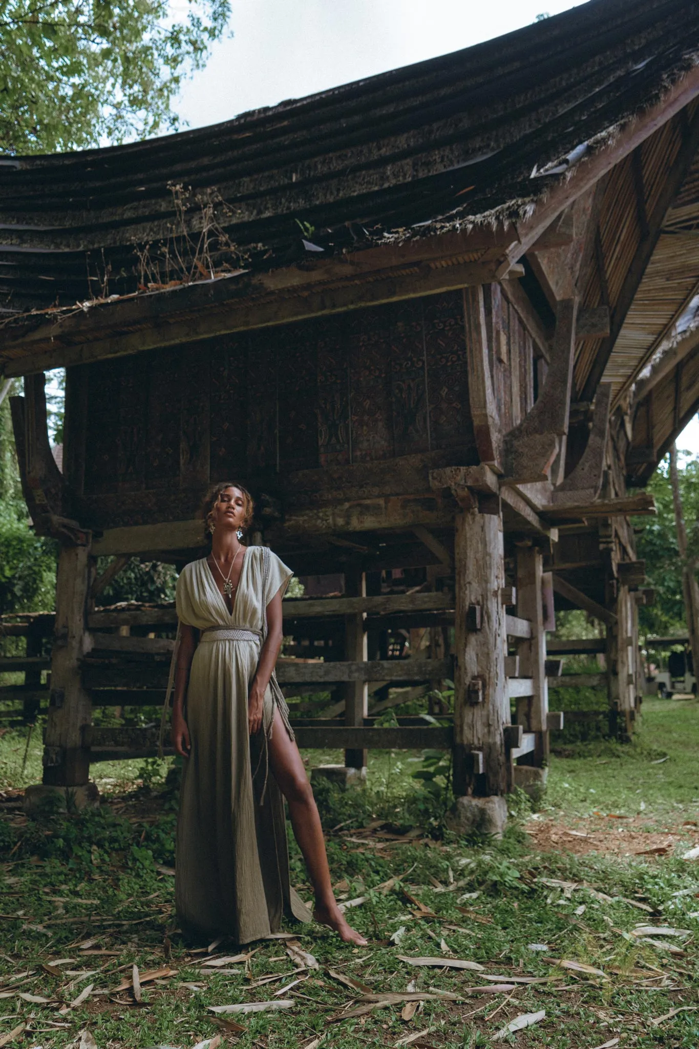 Off-White with Green Boho Dress • Bohemian Organically Dyed Dress