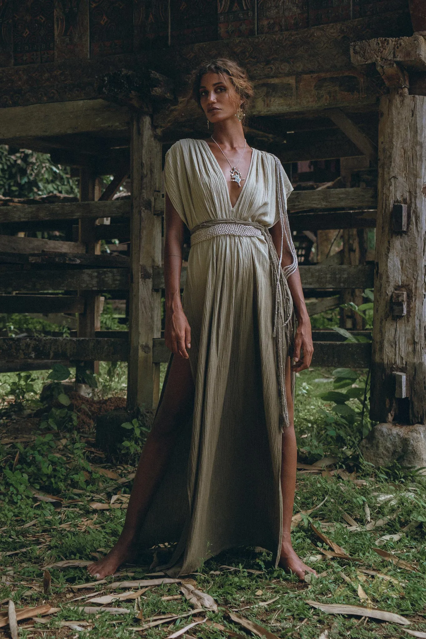 Off-White with Green Boho Dress • Bohemian Organically Dyed Dress