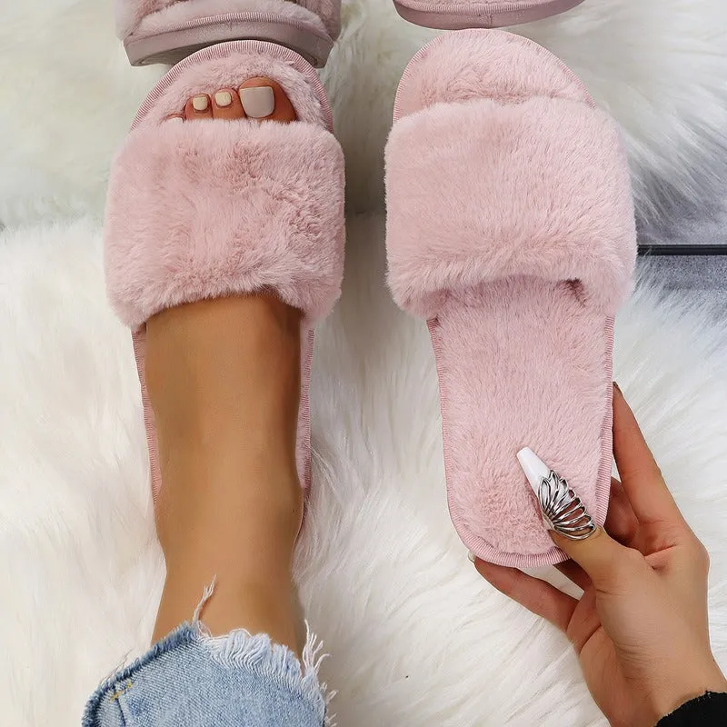 Plush Slippers for Women in Autumn and Winter New Indoor Lazy One Word Plush Slippers with Flat Bottom Cotton Slippers for Home Use