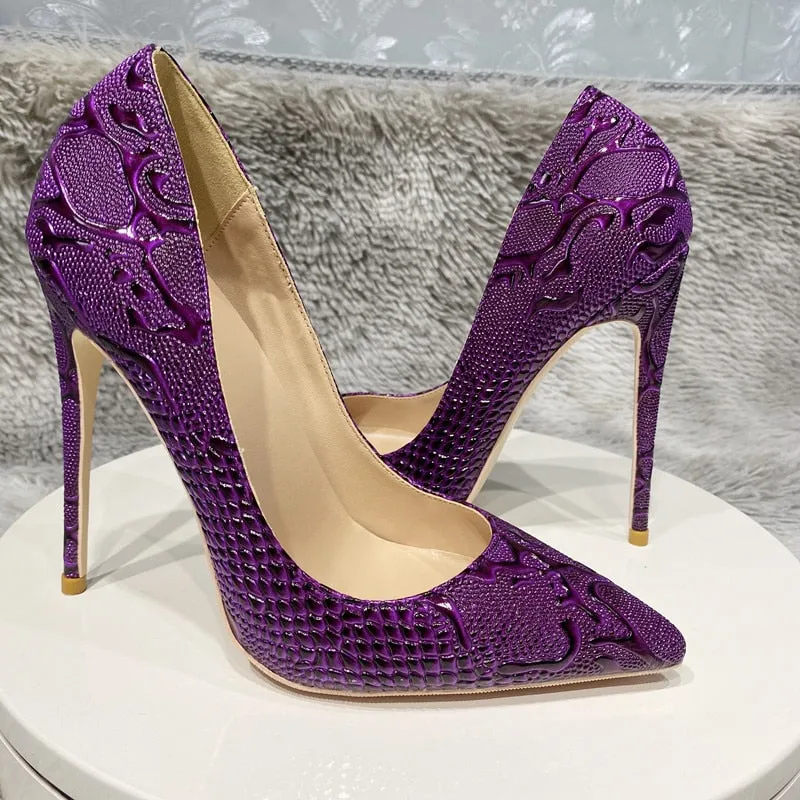 Pre Order:  Purple Embossed Pointed-Toe Pumps Shoes