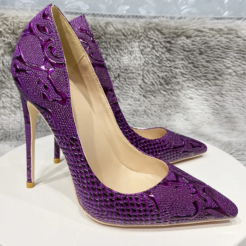 Pre Order:  Purple Embossed Pointed-Toe Pumps Shoes