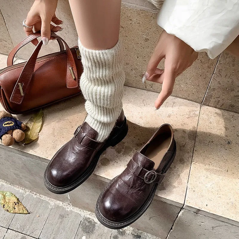 Preppy Style Leather T Strap Low Cutter Loafers in Coffee/Black