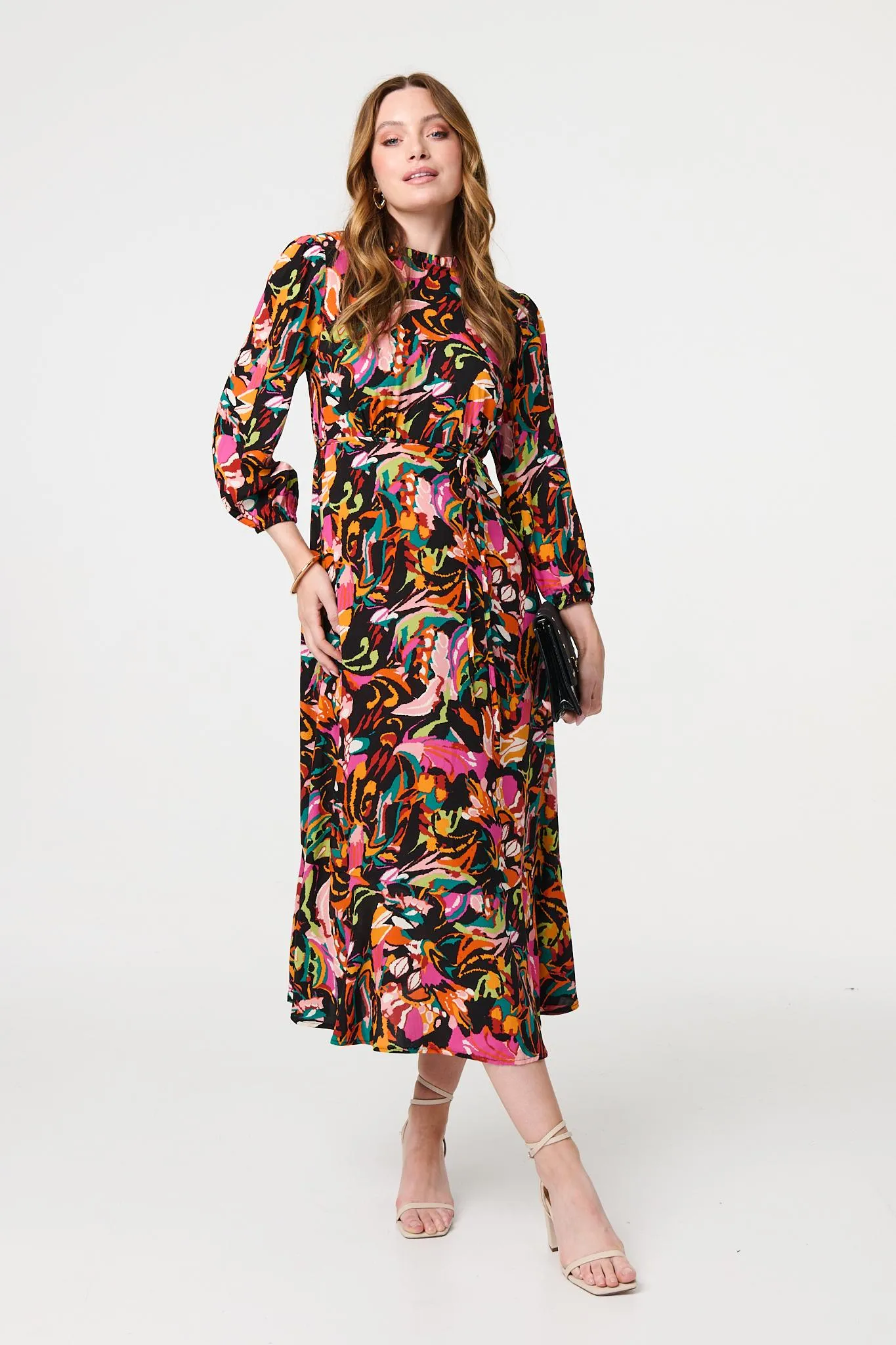 Printed High Neck Long Sleeve Midi Dress