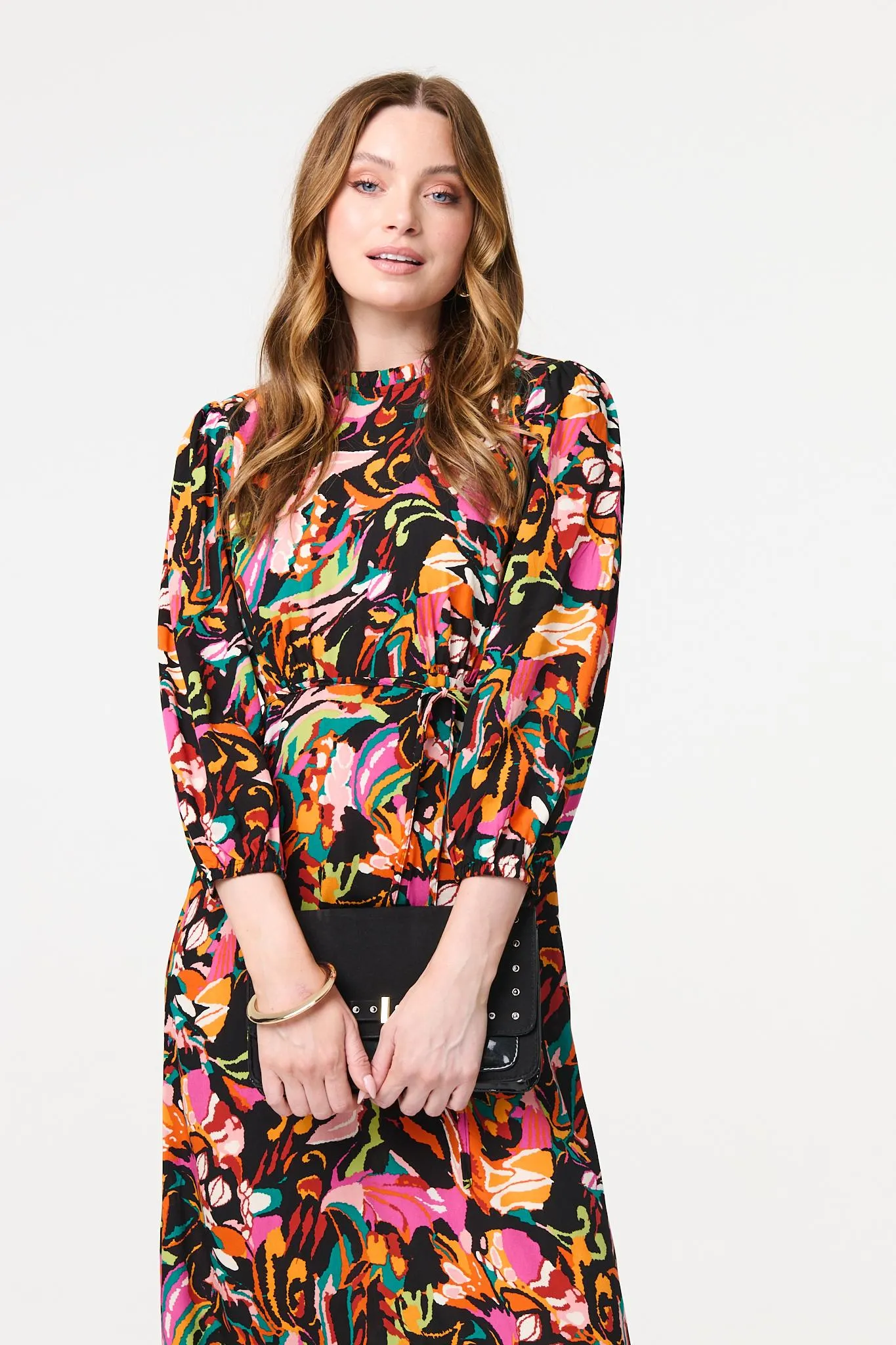 Printed High Neck Long Sleeve Midi Dress