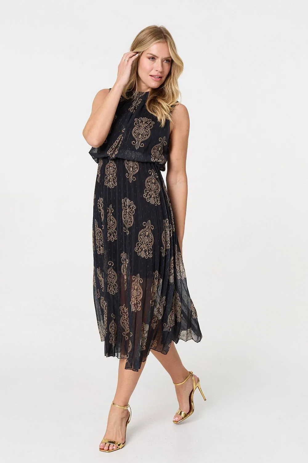 Printed High Neck Sleeveless Mesh Dress