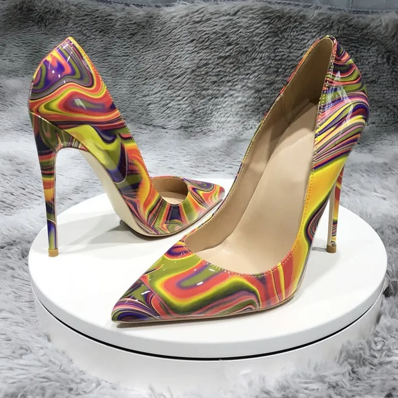 Printed Patent Leather Pointed Toe Stiletto Pumps