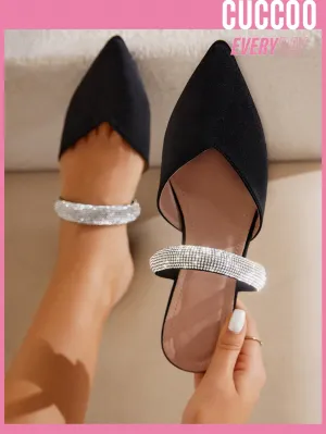 Rhinestone Point Toe Glamorous Satin Mule Flats