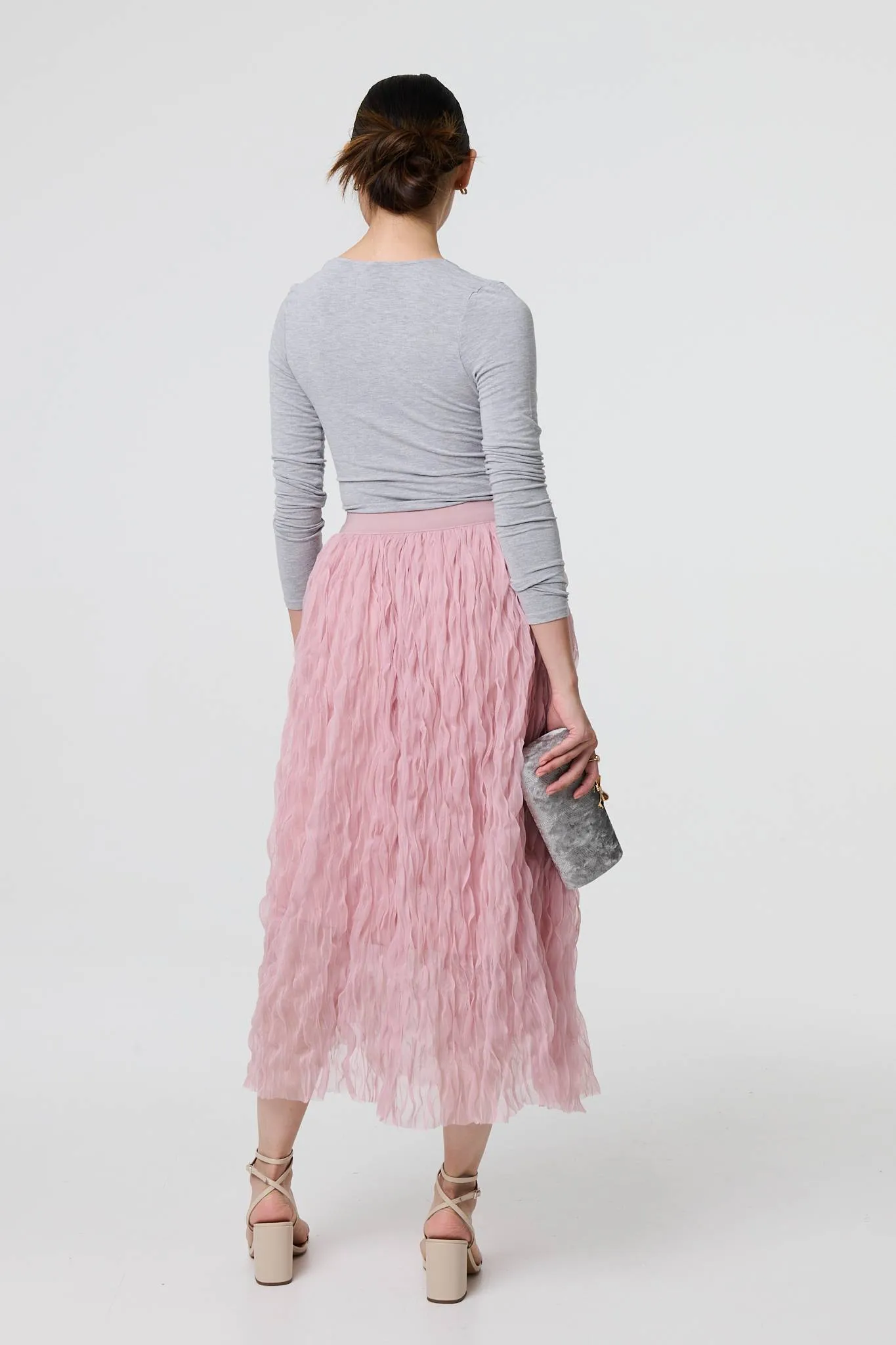 Ruffled High Waist Semi Sheer Midi Skirt