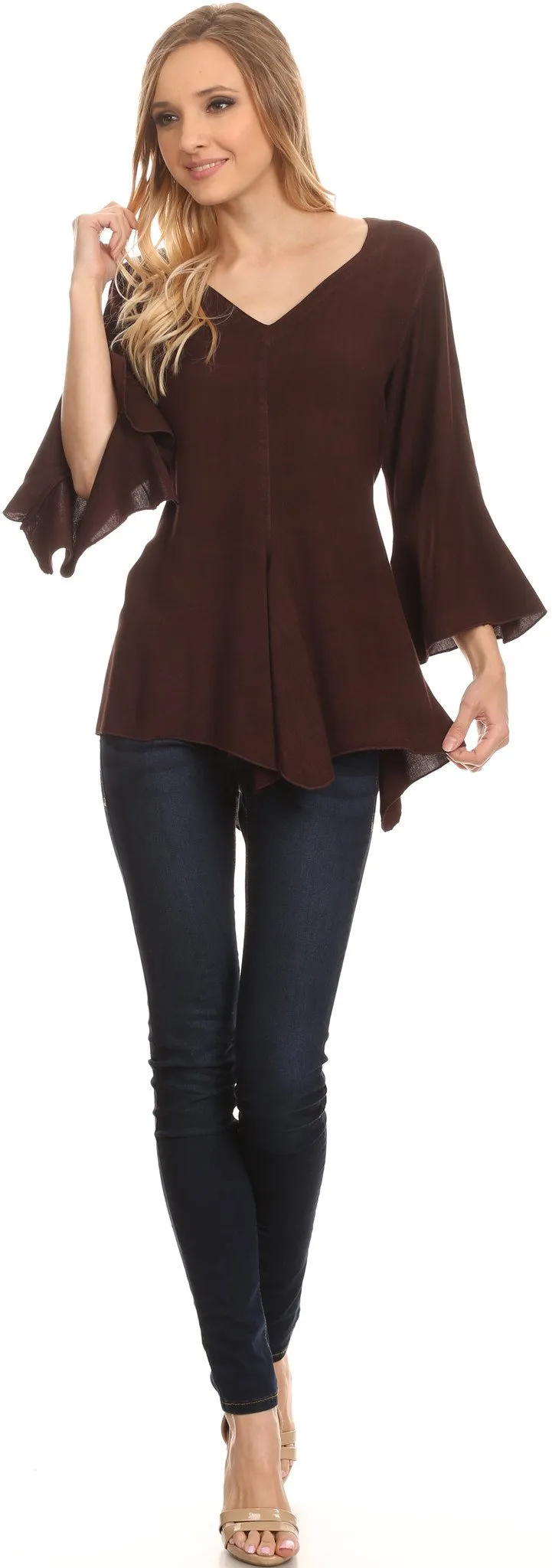 Sakkas Geena Long Tall V Neck 3/4 Length Bell Sleeve With Adjustable Side Straps