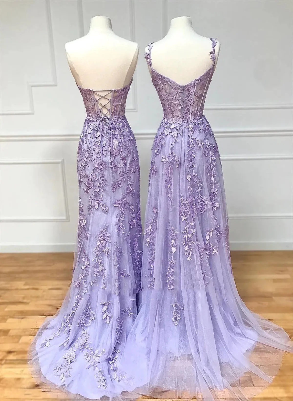 Solvbao Beautiful Purple Tulle with Lace Long Formal Dress, Purple Lace Prom Dress