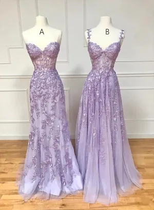 Solvbao Beautiful Purple Tulle with Lace Long Formal Dress, Purple Lace Prom Dress