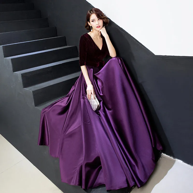 Solvbao Elegant V-neckline Velvet Top Long Bridesmaid Dresses, A-line Short Sleeves Prom Dresses