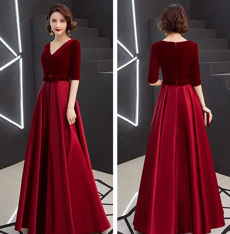 Solvbao Elegant V-neckline Velvet Top Long Bridesmaid Dresses, A-line Short Sleeves Prom Dresses