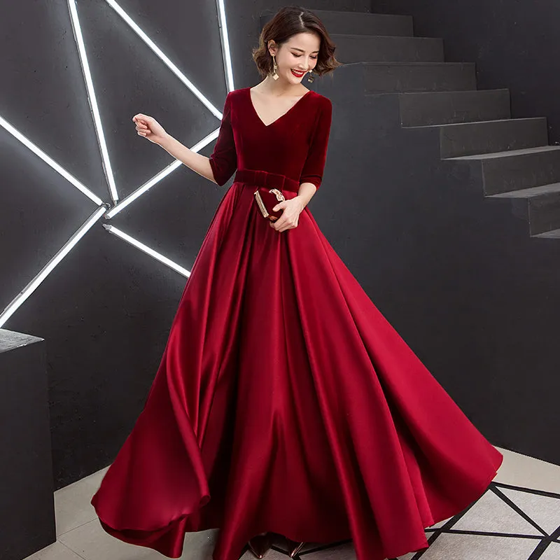 Solvbao Elegant V-neckline Velvet Top Long Bridesmaid Dresses, A-line Short Sleeves Prom Dresses