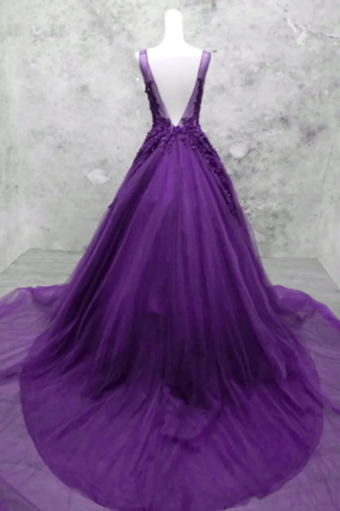 Solvbao Glam Purple V-neckline Tulle Beaded and Lace Formal Gown, Purple Long Prom Dresses