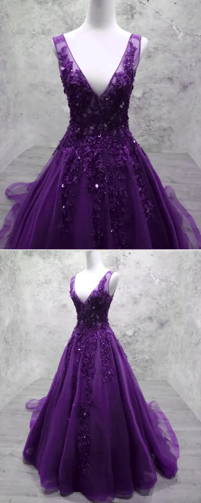 Solvbao Glam Purple V-neckline Tulle Beaded and Lace Formal Gown, Purple Long Prom Dresses