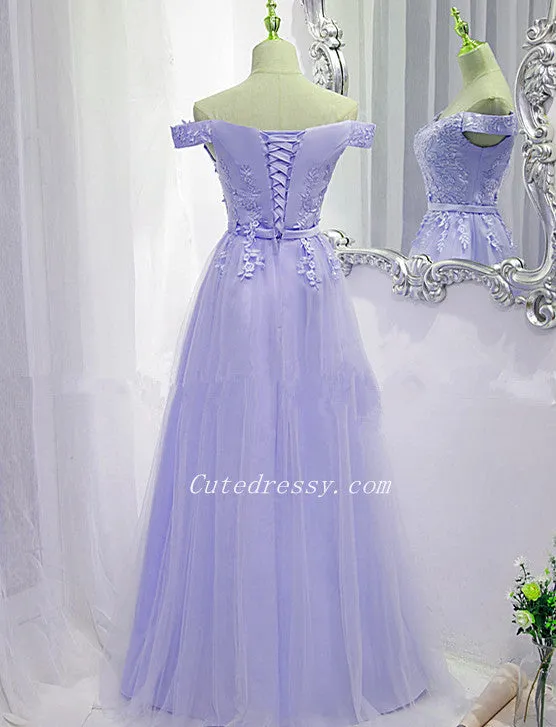 Solvbao Lavender Tulle Off Shoulder Party Dress with Lace Applique, A-line Tulle Prom Dresses