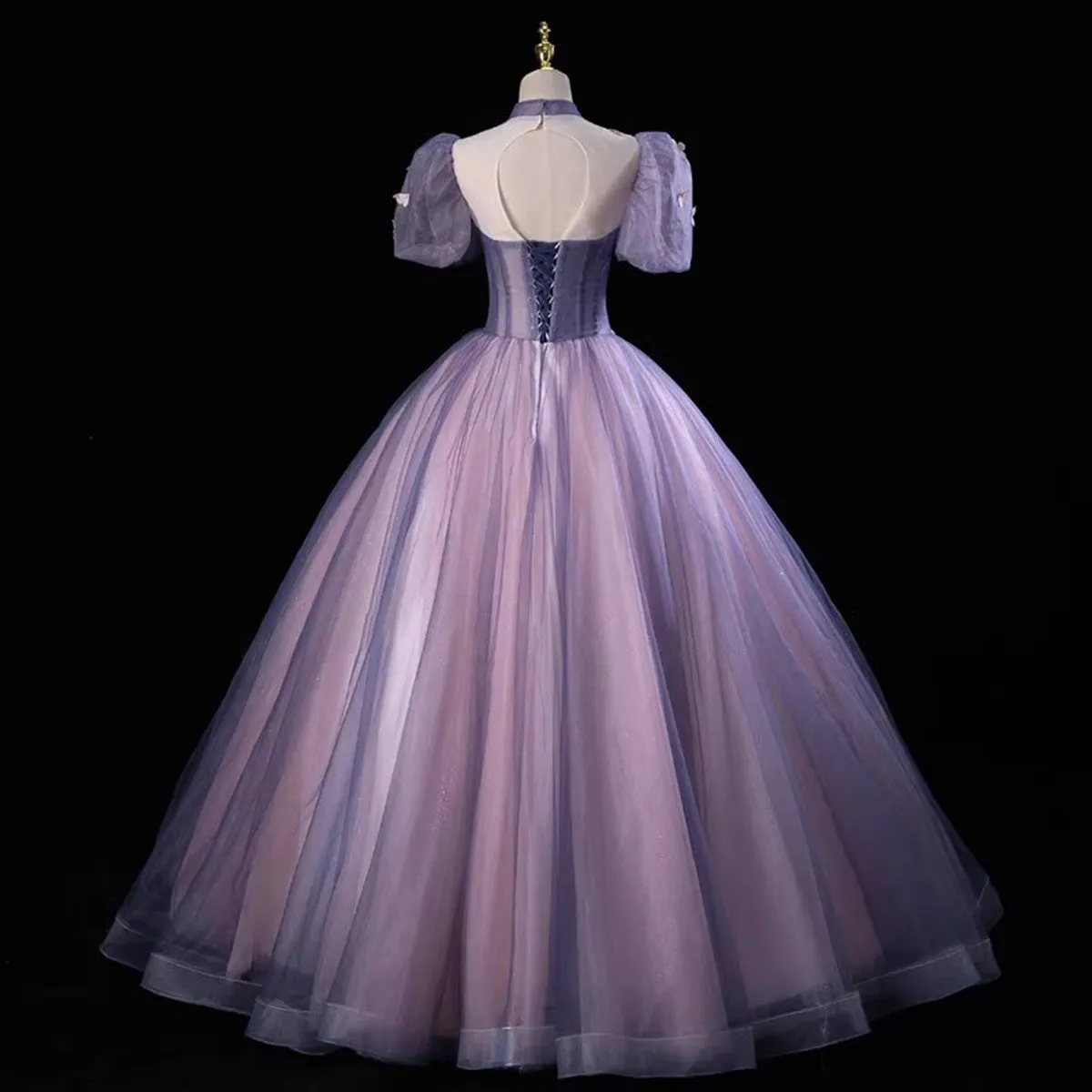 Solvbao Purple and Pink Tulle High Neckline Long Party Dress, Ball Gown Tulle Sweet 16 Dress