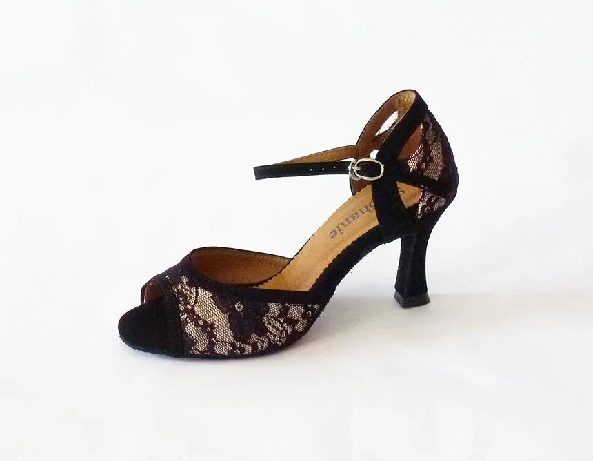 Stephanie Dance Shoes, 2092-15, Black Nubuck-Lace, 2.5” Flared Heel