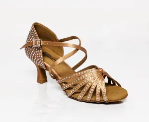 Stephanie Dance Shoes, 2110-65, Dark Tan Satin-Rhinestones, 2” Flared Heel