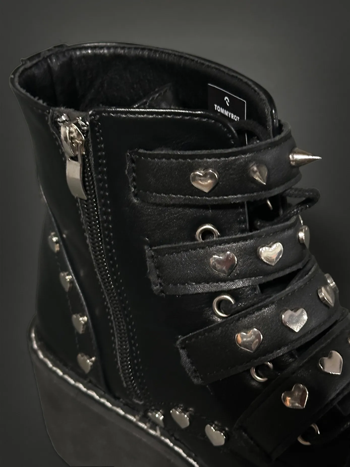 Tommyrot "Lola" Heart Studded Platform Ankle Combat Boots with Buckles