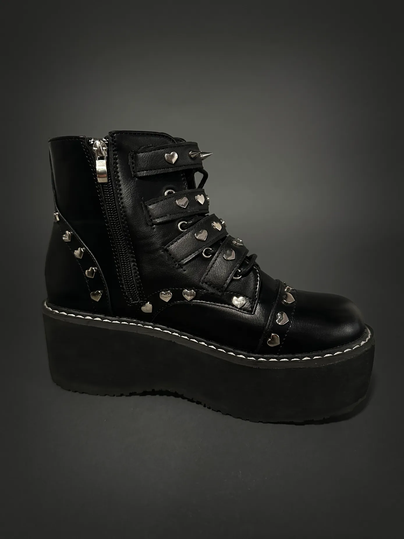 Tommyrot "Lola" Heart Studded Platform Ankle Combat Boots with Buckles