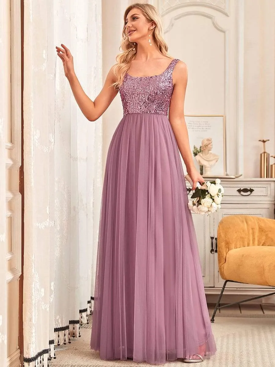 Tulle Sequin Sleeveless A-Line Bridesmaid Dress