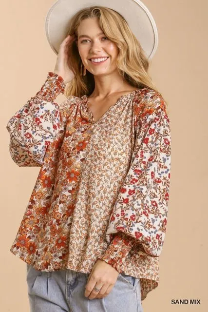 Umgee mixed Flower Print Split Neck Top with High Low Hem and No Lining