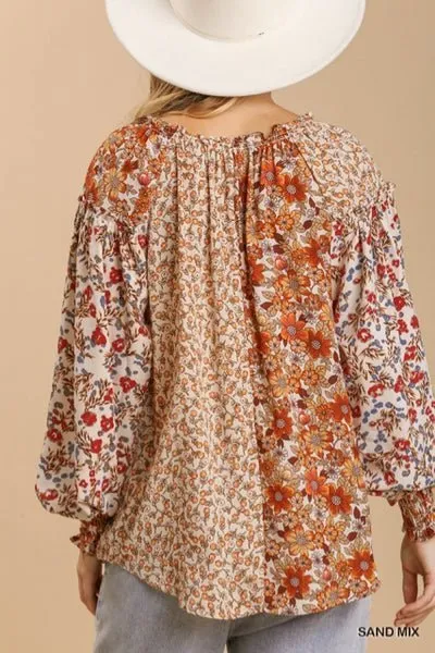 Umgee mixed Flower Print Split Neck Top with High Low Hem and No Lining