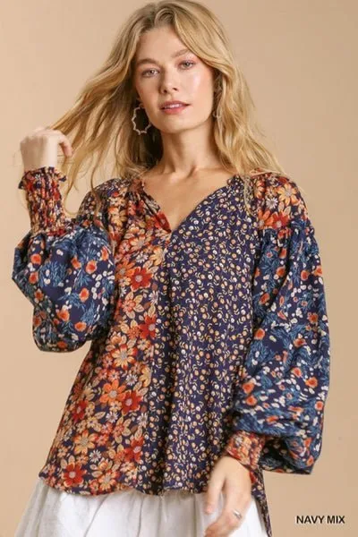 Umgee mixed Flower Print Split Neck Top with High Low Hem and No Lining