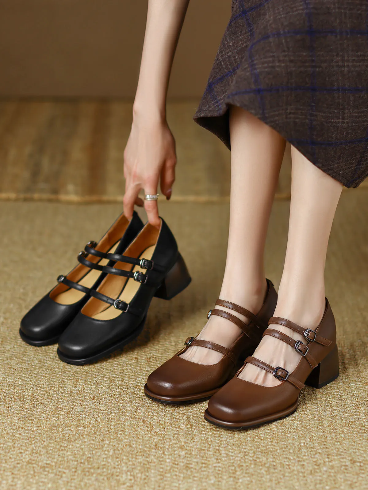 Women's Mary Jane Square Toe Solid Color Leather Boho Shoes