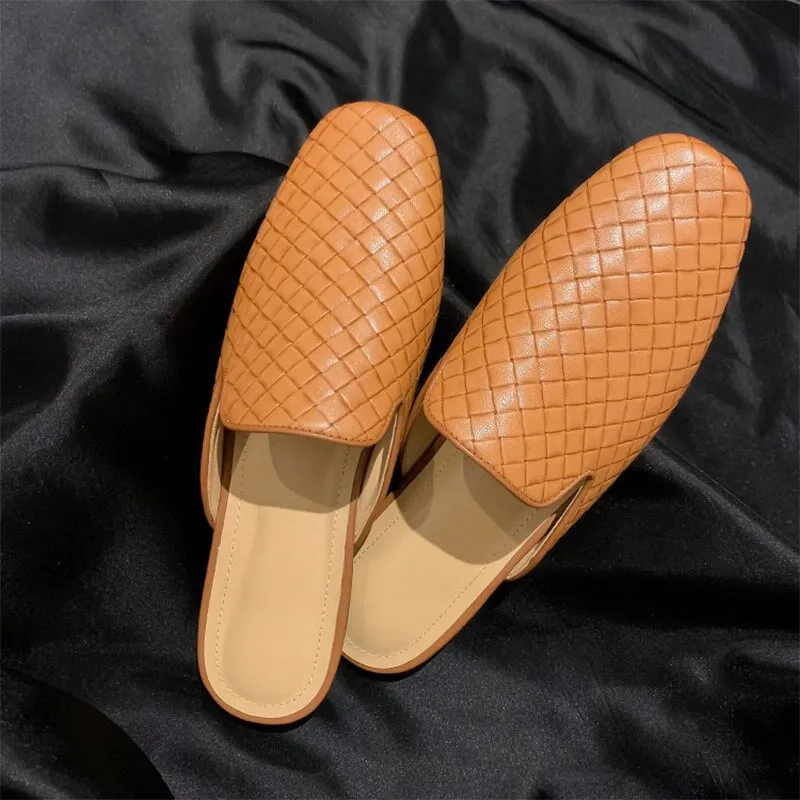 Woven Leather Mules for Women Backless Loafers in Black/Apricot