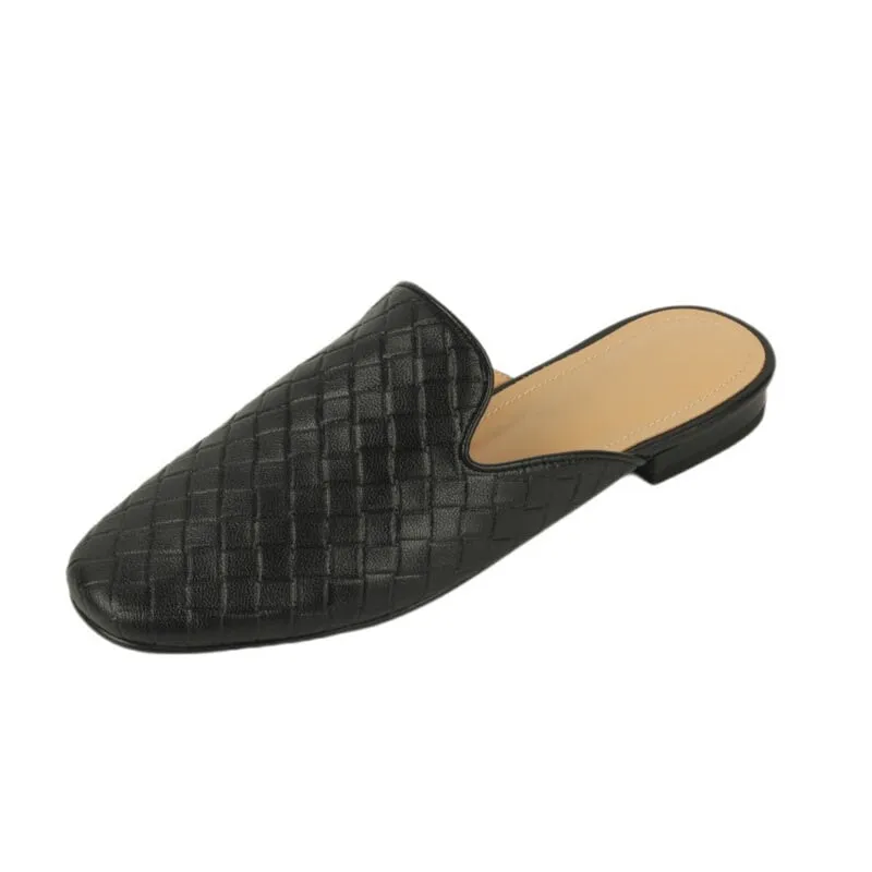 Woven Leather Mules for Women Backless Loafers in Black/Apricot