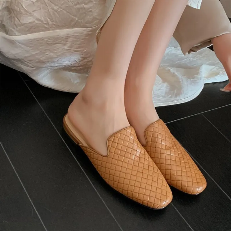 Woven Leather Mules for Women Backless Loafers in Black/Apricot